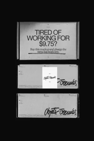 Flatlay mockup of three sides of a cardboard box on a black background. Packaging mockup showcasing front adn side panels of a rectangular box. PSD file for Adobe Photoshop.