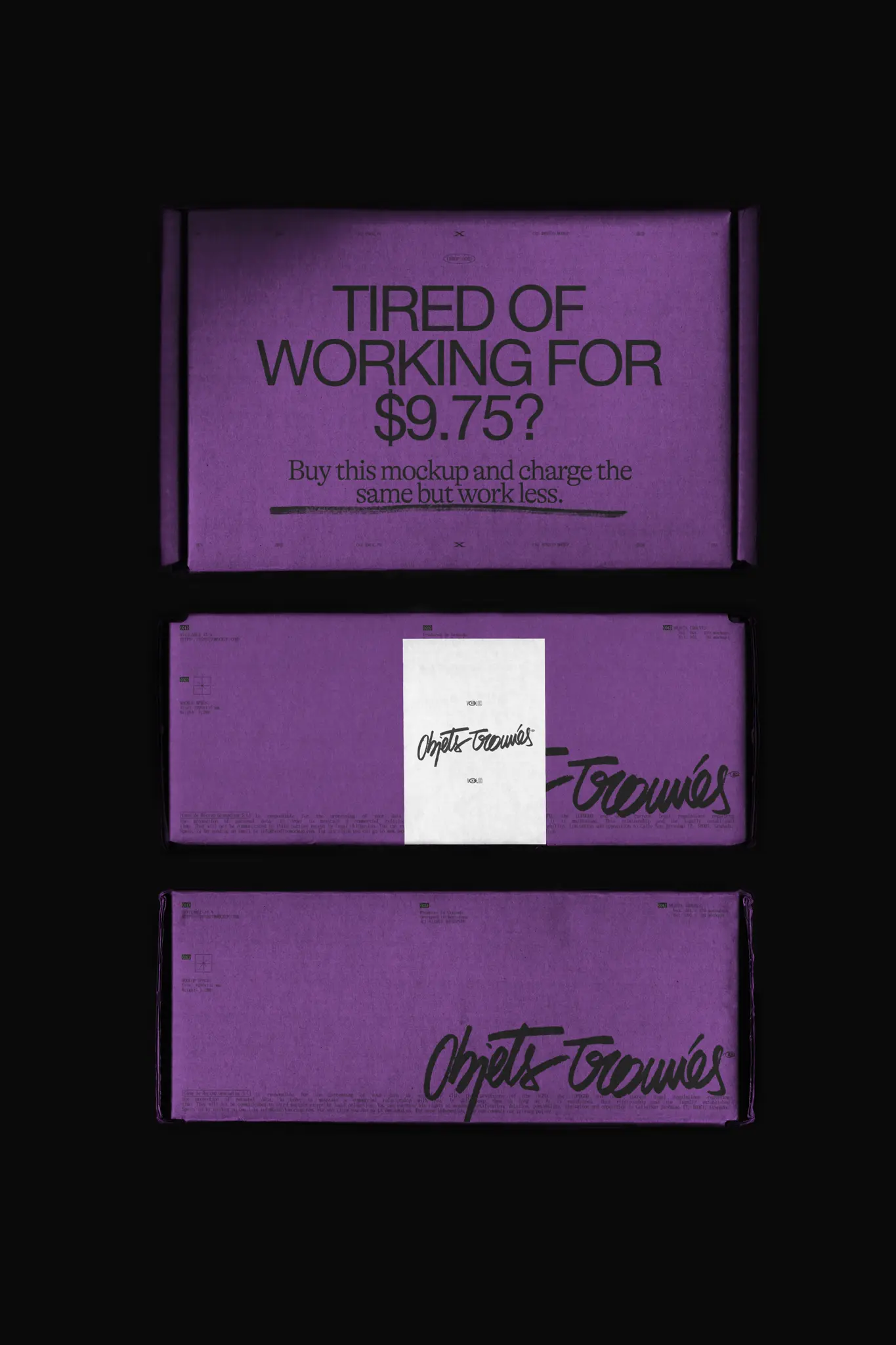 Flatlay mockup of three sides of a cardboard box on a black background. Packaging mockup showcasing front adn side panels of a rectangular box. PSD file for Adobe Photoshop.