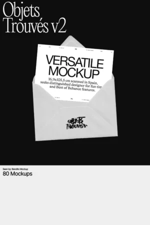 An open white envelope with a card inside reading Versatile Mockup and details below, set against a black background. The top text reads Objets, Trouvés v2, and the bottom says 80 Mockups.