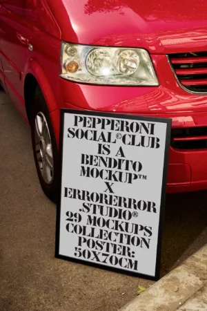 Aesthetic mockup of a poster leaning against a red car. Premium poster mockup to display your brand advertisement. Print mockup. High quality editable PSD file for Adoble Photoshop.