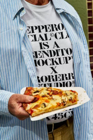 Aesthetic clothing mockup of a tshirt worn by a person holding a slice of takeaway pizza. High quality T-shirt mockup for your italian restaurant brand. Fast food mockup. Apparel mockup. Editable PSD file.