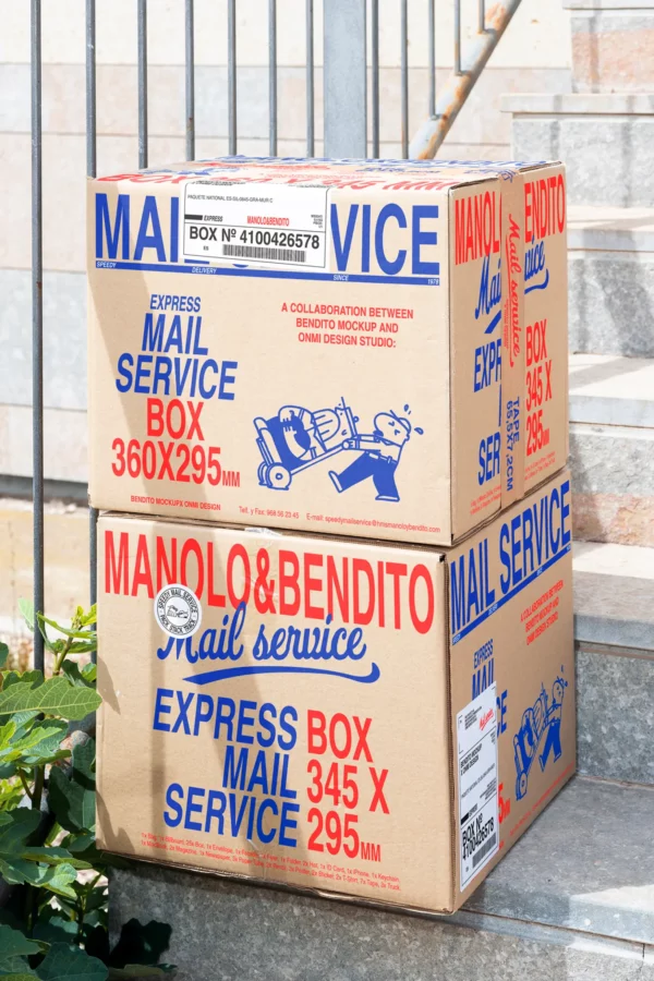 Free aesthetic free delivery mockup of two square boxes with editable tape and stickers piled up outside. Free high-quality box mockup for your product branding. Free box mockup. Premium cardboard box mockup with editable components in an outdoors setting created for Adobe Photoshop..