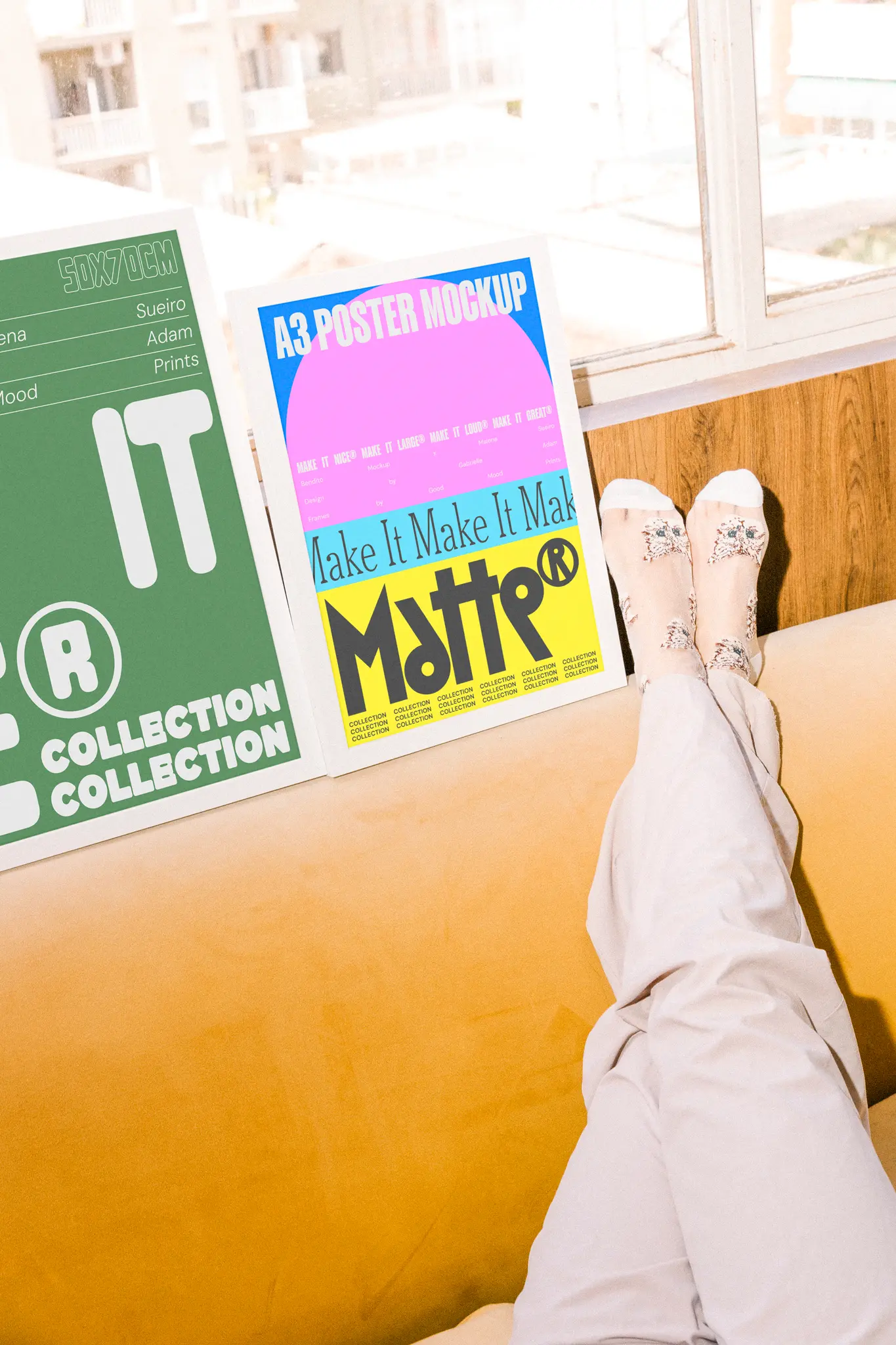 High quality print mockup of multiple frames propped up on a sofa by a window. Premium poster mockup for presenting your designs. Aesthetic frame mockup in an editable PSD file.