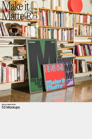 A room scene featuring three large posters displayed on the floor in front of a bookshelf, part of the "Make It Matte" mockup collection.