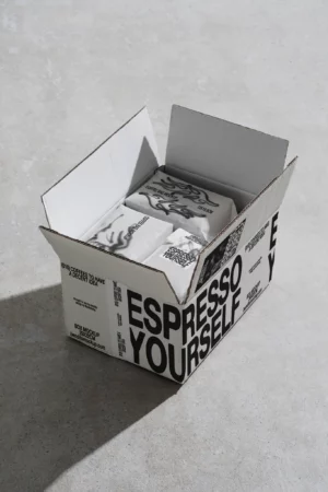 Espresso Yourself coffee box mockup with coffee bags inside