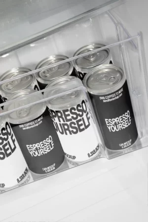 Espresso Yourself coffee cans inside a fridge compartment