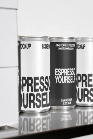 Espresso Yourself coffee cans on a shelf in a row