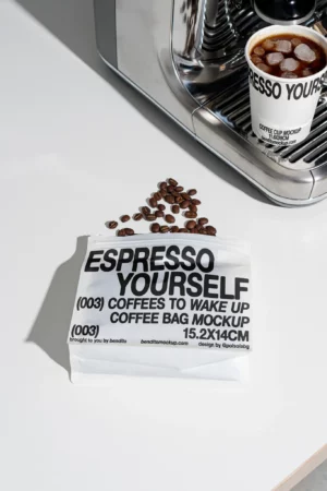 Espresso Yourself coffee bag with coffee beans scattered
