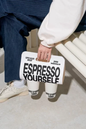 Person holding a coffee holder with two Espresso Yourself coffee cups