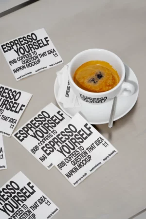 Espresso Yourself napkins with an espresso cup on a metal table