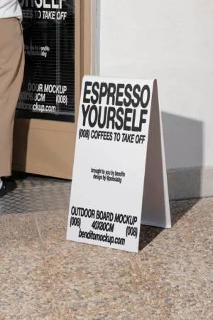 Espresso Yourself outdoor board mockup near a shop entrance