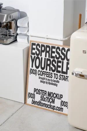 Espresso Yourself poster mockup next to a coffee machine