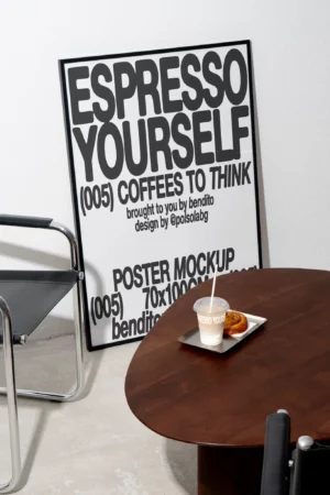 Espresso Yourself poster mockup with coffee cup on the table