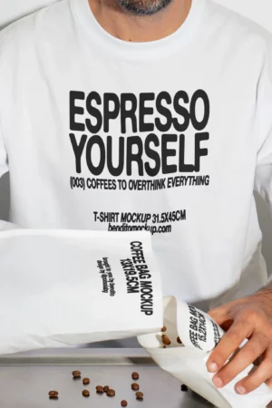 Espresso Yourself t-shirt mockup with coffee bag being opened