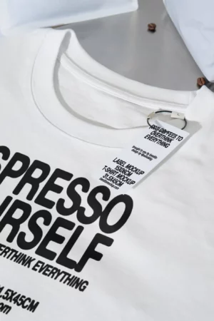 Espresso Yourself t-shirt mockup with a hanging tag