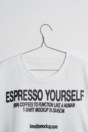 Espresso Yourself t-shirt mockup on a hanger