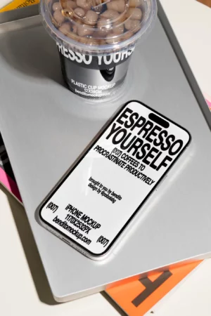 Espresso Yourself iPhone and plastic cup mockup on a silver tray