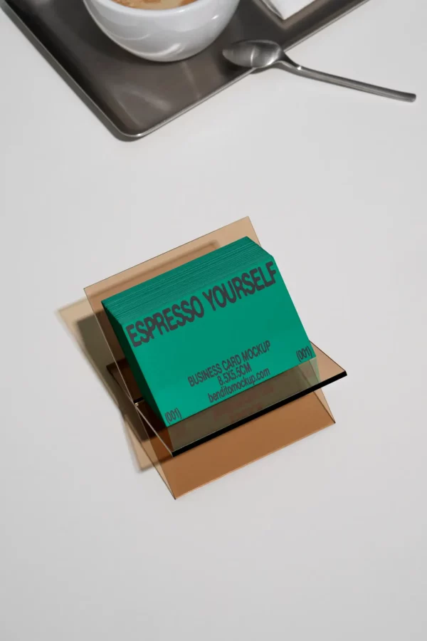 Color Version: Espresso Yourself business card mockup on a transparent holder