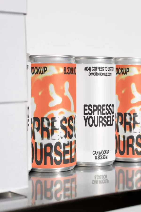 Color Version: Espresso Yourself coffee cans on a shelf in a row
