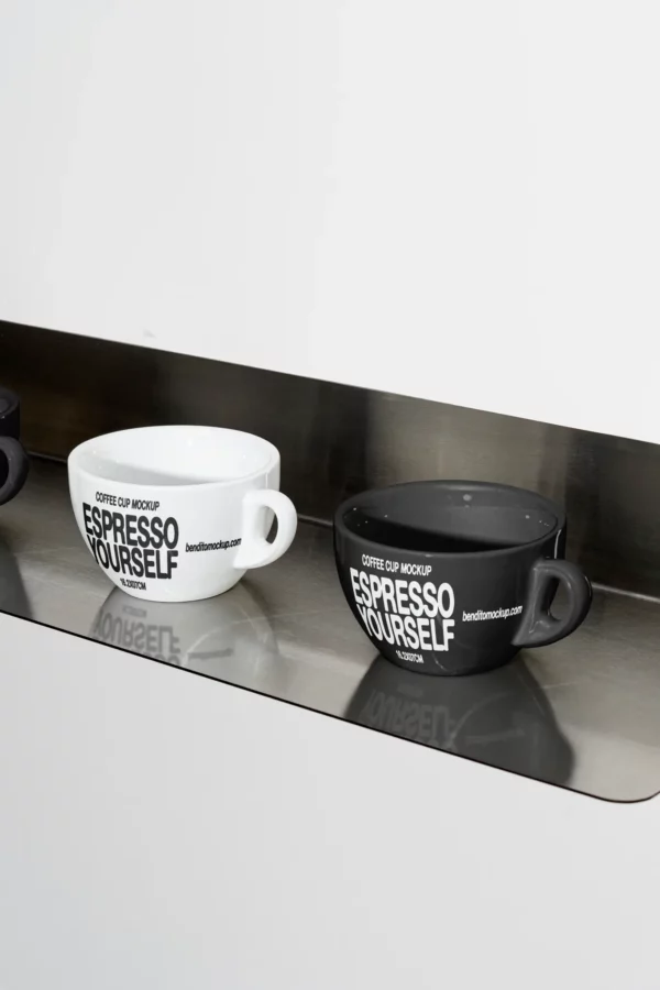 Color Version: Espresso Yourself coffee cups arranged on a metal shelf