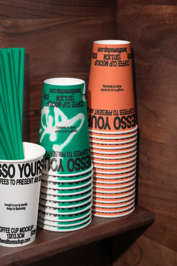 Color Version: Stack of Espresso Yourself coffee cups on a wooden shelf