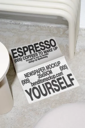 Folded Espresso Yourself newspaper mockup on a concrete floor