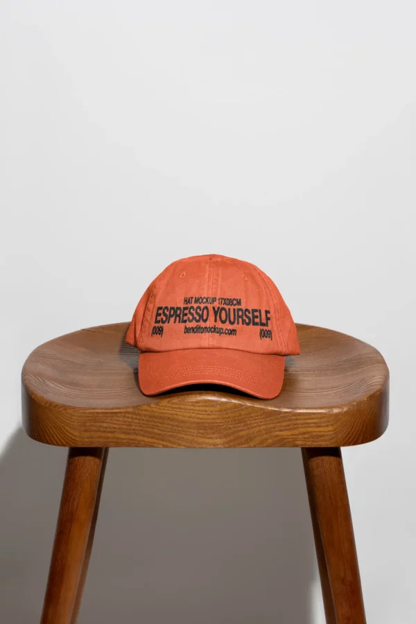 Color Version: Beige Espresso Yourself hat placed on a wooden stool