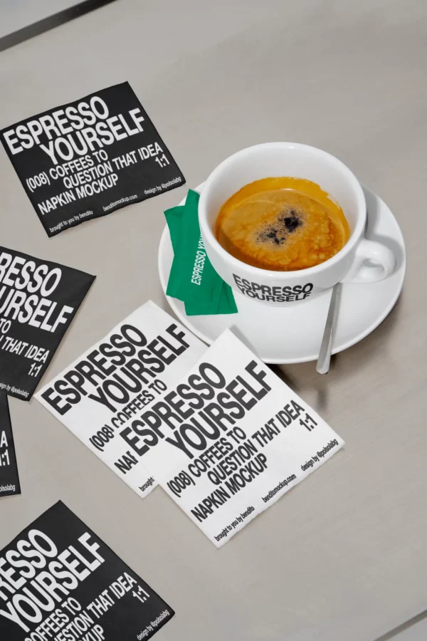 Color Version: Espresso Yourself napkins with an espresso cup on a metal table