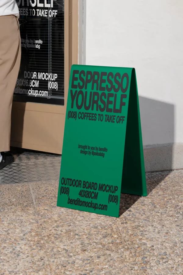 Color Version: Espresso Yourself outdoor board mockup near a shop entrance