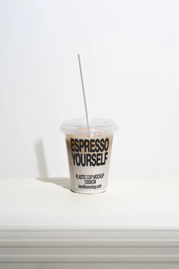 Color Version: Espresso Yourself plastic cup mockup with iced coffee