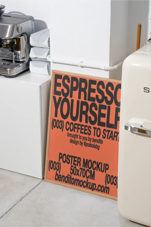 Color Version: Espresso Yourself poster mockup next to a coffee machine