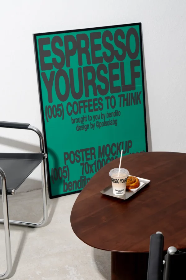 Color Version: Espresso Yourself poster mockup with coffee cup on the table