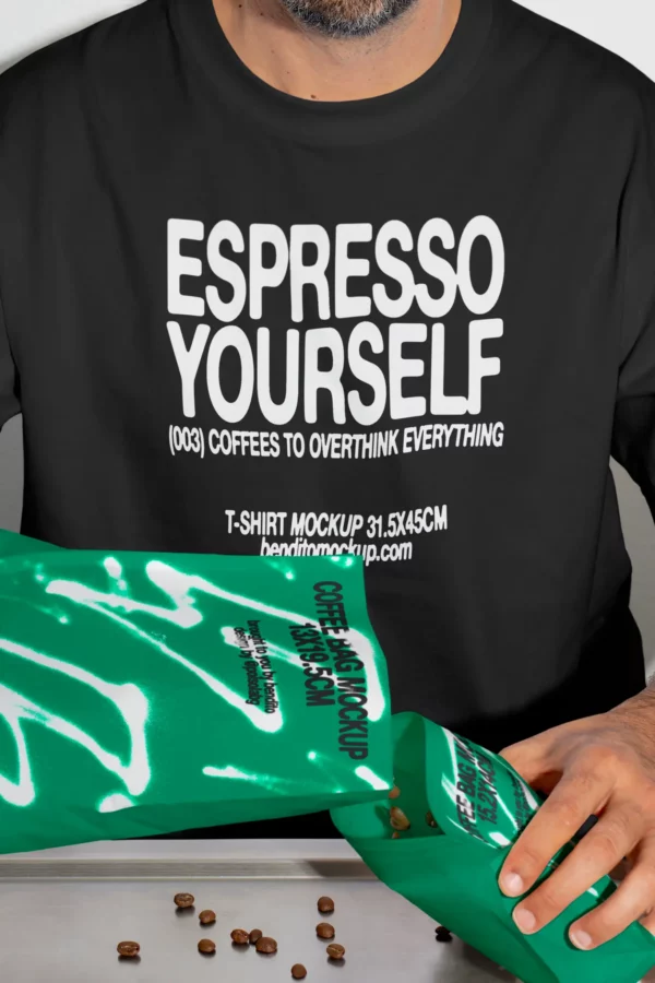 Color Version: Espresso Yourself t-shirt mockup with coffee bag being opened