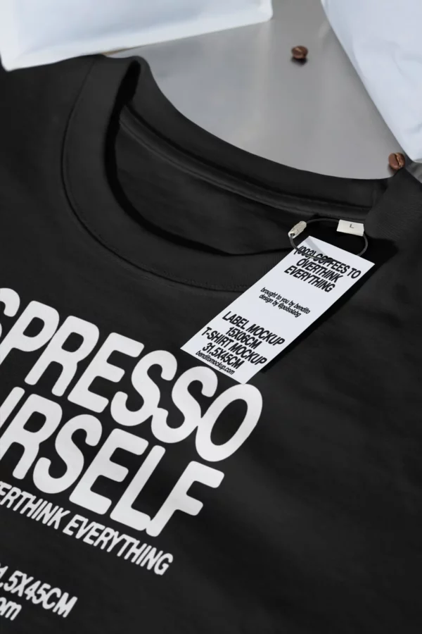Color Version: Espresso Yourself t-shirt mockup with a hanging tag