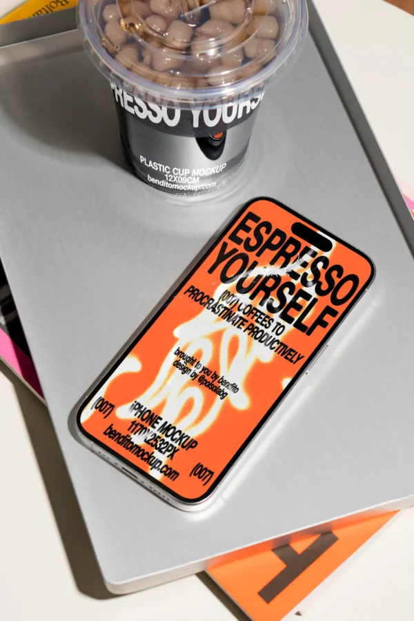 Color Version: Espresso Yourself iPhone and plastic cup mockup on a silver tray