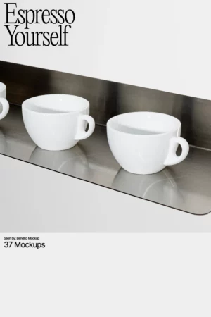 Two white espresso cups mockups are showcased on a shiny metallic surface, creating an ideal mockup for coffee cups. The background is simple and white, with the words "Espresso Yourself" featured prominently at the top.