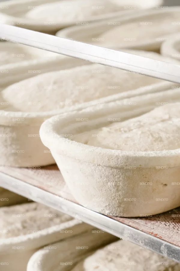 Zoom in of close-up of proofing bread dough loaves in traditional baskets on a rack.