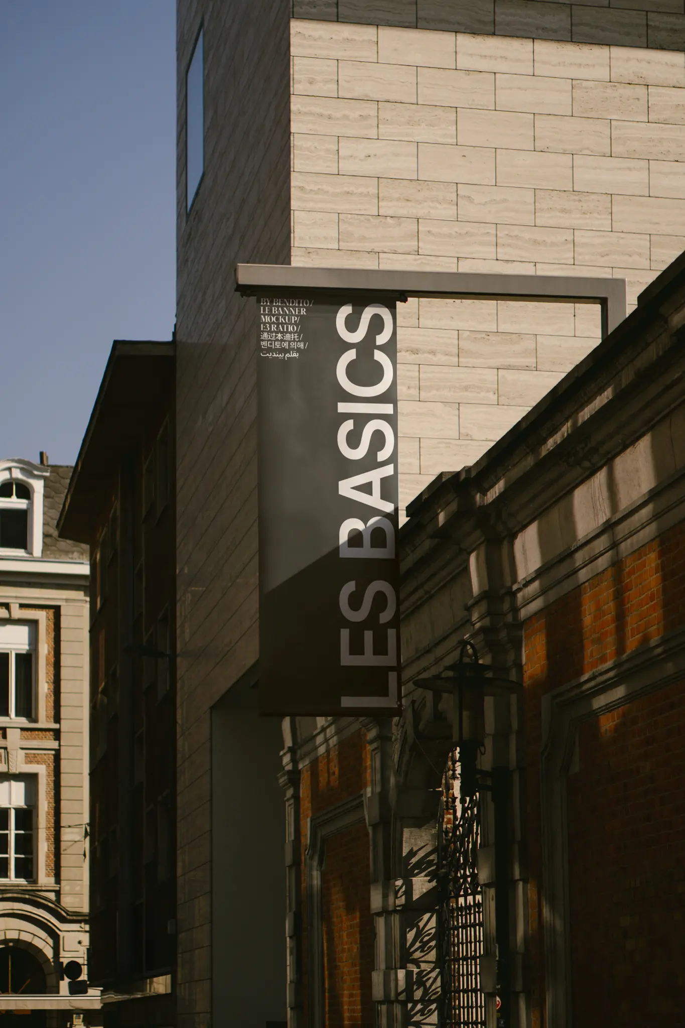 Color Version: Hanging banner mockup placed in a narrow alley.