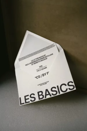 Textured white envelope mockup leaning against a wall with natural shadows.