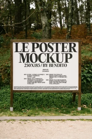 A freestanding wooden outdoor board mockup in a green setting surrounded by trees and natural textures.