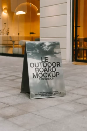 Mockup of an outdoor advertising board standing on a sidewalk with a blank white surface surrounded by urban buildings and trees on a sunny day.