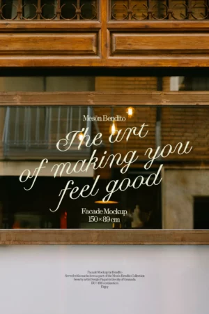 Facade mockup with wooden panels and glass reflections.