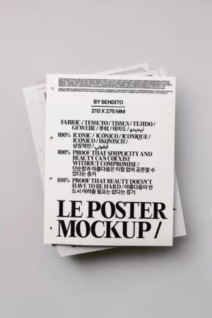 Paper stack poster mockup with multilingual typographic layout.