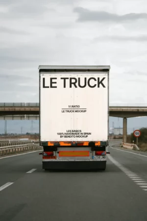 Mockup of a truck seen from behind on the road with large branding.