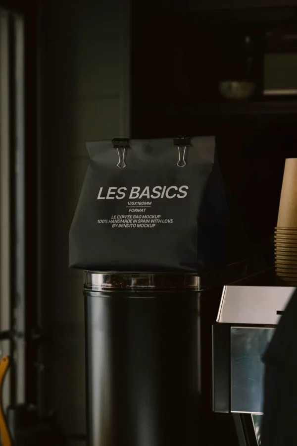 Matte black coffee bag mockup with metal clips, placed on top of a coffee grinder, great for presenting artisanal coffee or gourmet product branding.