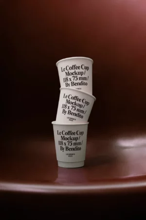Person holding a takeaway coffee cup placed on a table.
