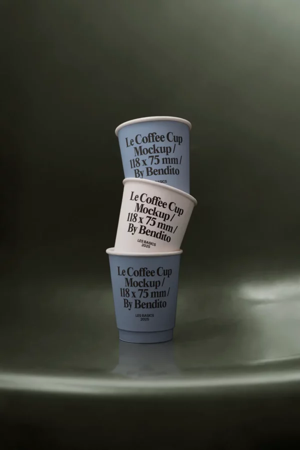 Stack of takeout coffee cup mockups in matte tones, sized 118 x 75 mm, perfect for visualizing brand identity on to-go beverage packaging.