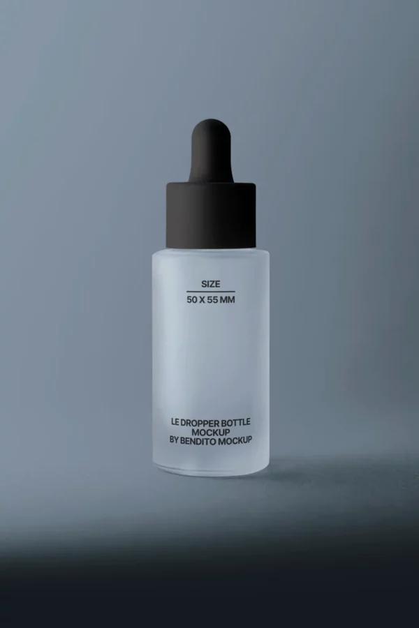 Minimal dropper bottle mockup with frosted glass and matte black cap, ideal for branding cosmetic, skincare, or essential oil products.