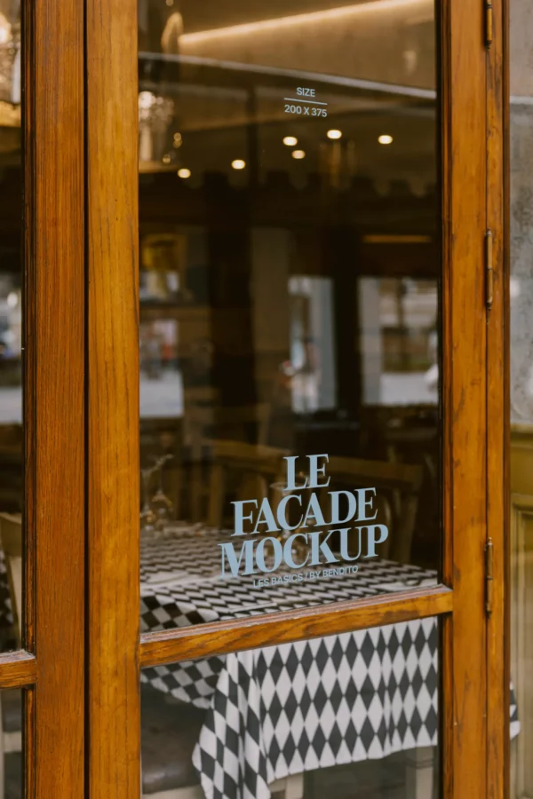 Realistic storefront glass mockup with wooden frame and white vinyl lettering, perfect for showcasing logo designs or business signage on shop windows.