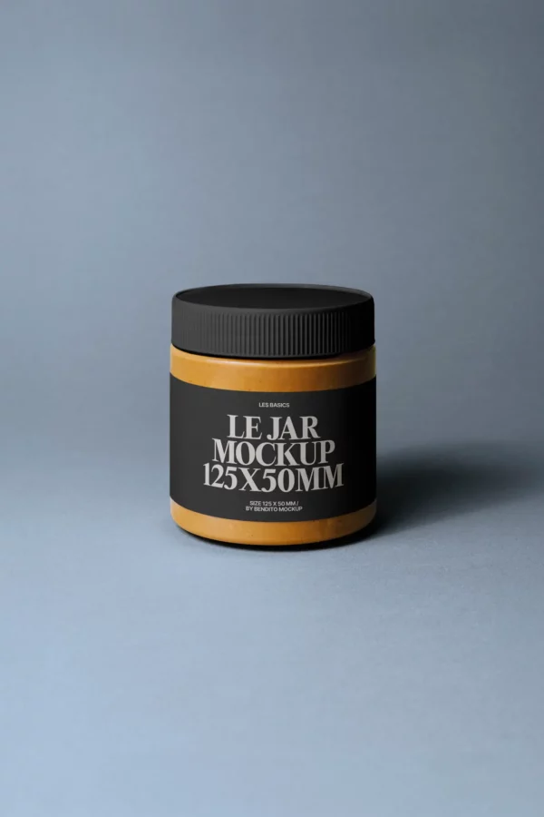 Round jar mockup with black lid and bold label, styled on a gray background. Dimensions: 125 x 50 mm.